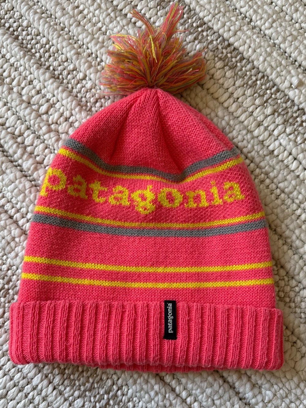 Patagonia Pom Beanie Winter Hat Knit Cap Striped Pink Outdoors Winter Hat